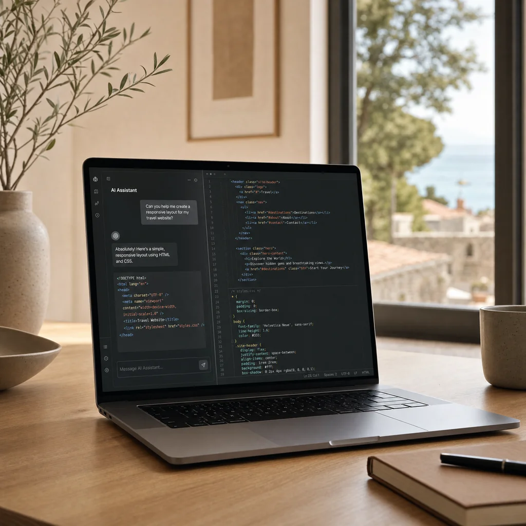 Laptop con assistente AI e codice di un sito web