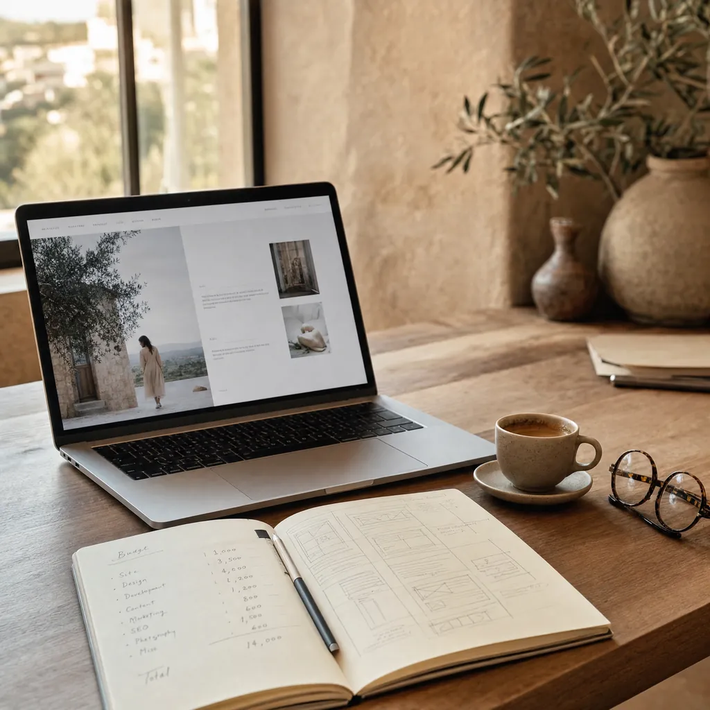 Scrivania con preventivo e bozze di un sito web