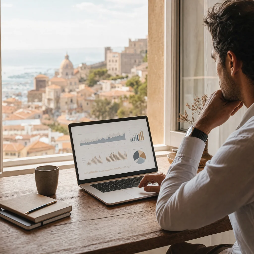 Analisi del posizionamento SEO su laptop con vista su Sassari